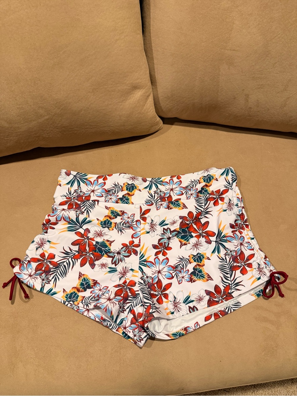 SHEIN White Floral Athletic Swim Shorts with Red & Green Print